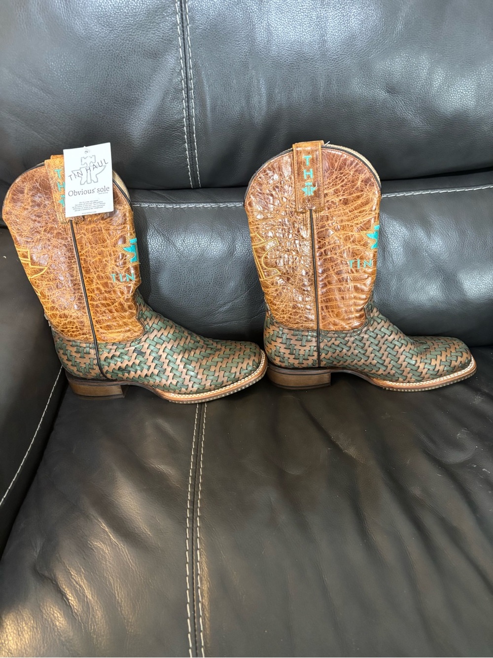 Tin Haul Brown Leather Cowboy Boots with Teal weave and Stitching size 7.5 NWT - Picture 3 of 8